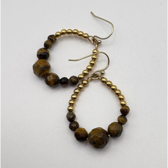 Brown Faux Tiger Eye Beaded Dangle Earrings Retro Teardrop Earth Tones - Picture 4 of 6